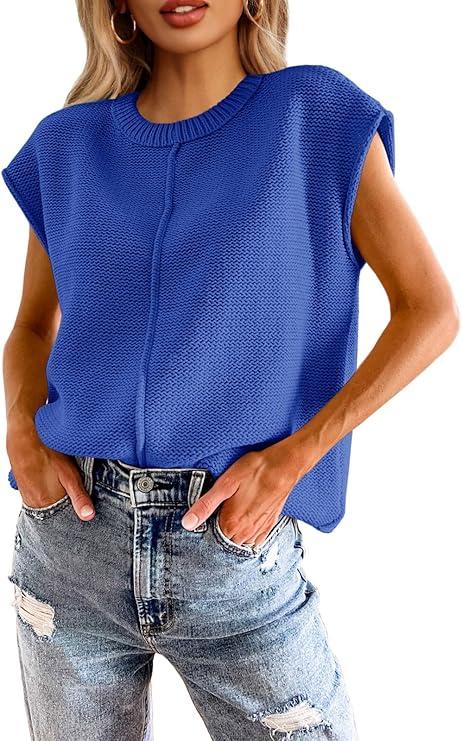 Saodimallsu Womens Summer Cap Sleeve Tops Casual Crew Neck Loose Fit Knit Lightweight Sweater Pullover Top Medium