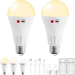 Vitnucrol 2 Pack Rechargeable Light Bulbs with Remote, E26 Wireless Battery Operated Light Bulb for Lamps, 2600mAh 3 Colors Dimmable Emergency LED Light Bulbs, 7W, 300LM