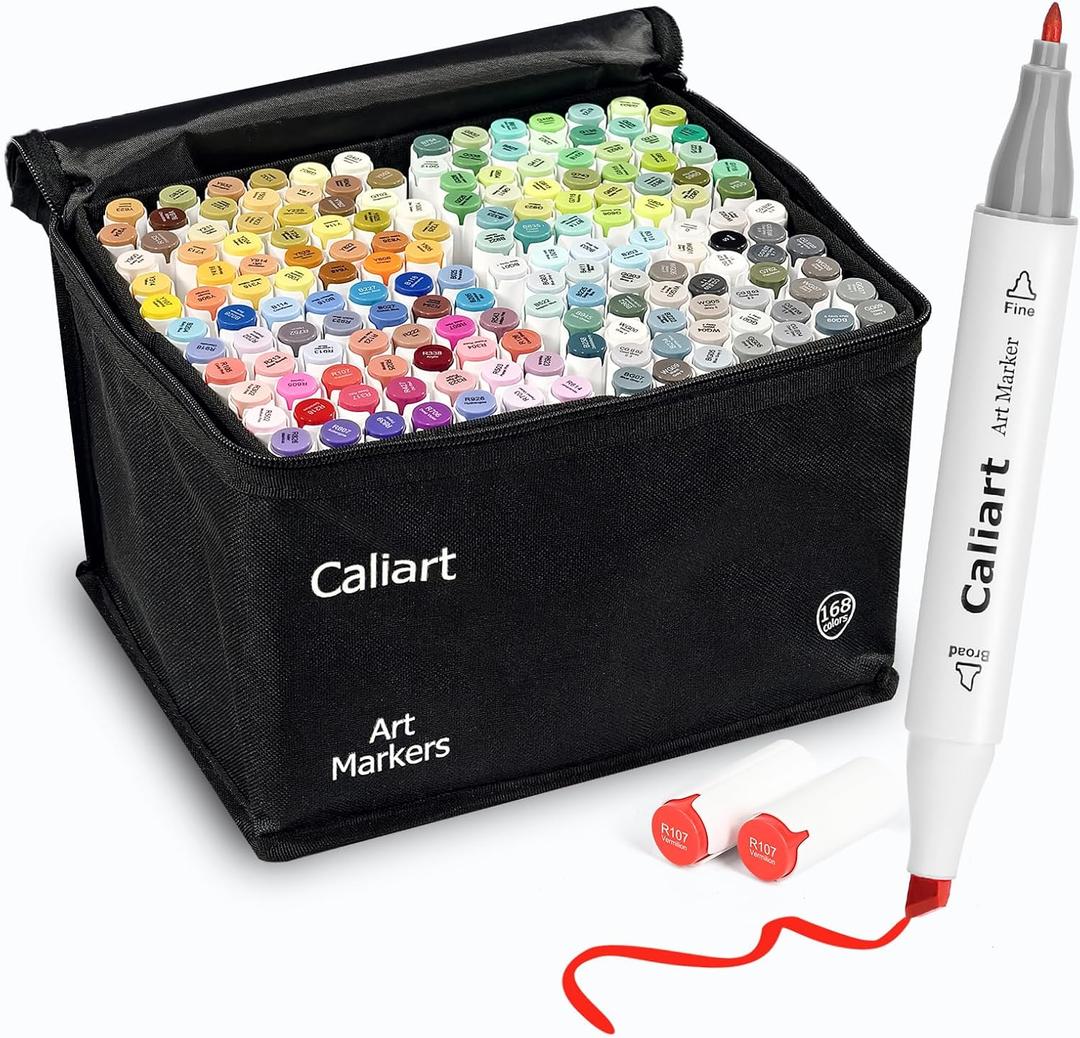 Caliart Markers, 168 Colors Dual Tip Art Markers Sketch Pens Permanent Alcohol Based, with Case for Adults Artists Drawing Illustration Sketching Coloring