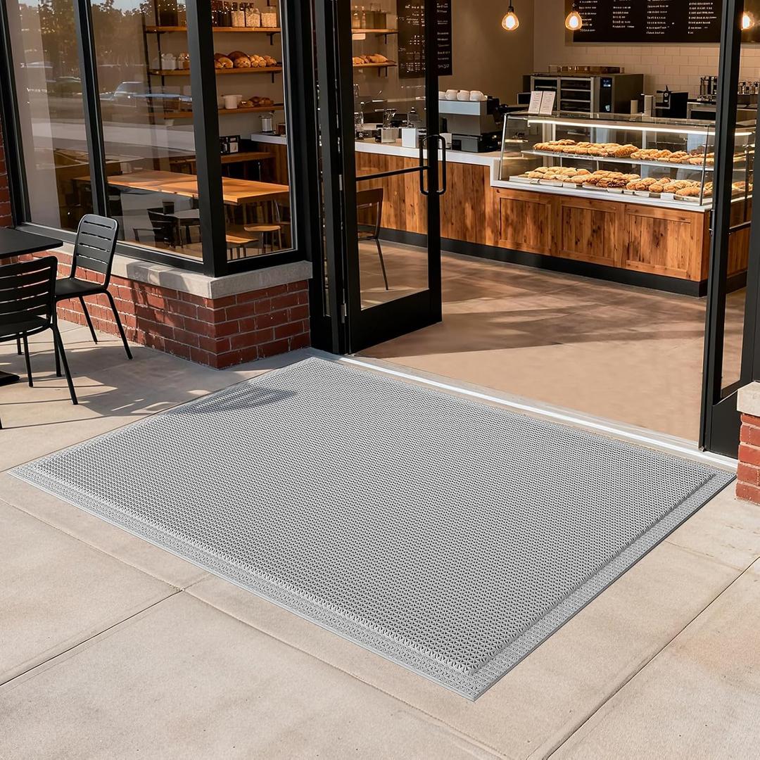 Front Door Mat 36''x59'', Drainage Heavy Duty Dirt Trapping Non-Slip Doormats, Outdoor Rubber Floor Mats, Restaurant Commercial Kitchen Industral Pool Entrance Bar Wet Area, Grey