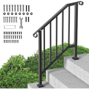 VEVOR Handrails for Outdoor Steps, 2-3 Step Stair Hand Rail Kit, Transitional Carbon Steel Railings with Installation Kit, Stair Rails for Seniors, Concrete Steps & Porch & Deck, Black Retro Arch (2 Step)
