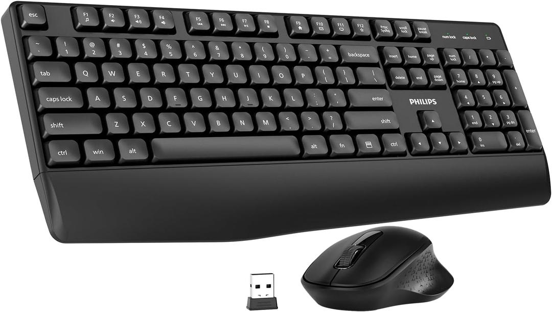 PHILIPS Wireless Keyboard and Mouse Combo-Ergonomic Keyboard and Mouse Wireless Combo, Plug n' Play, Sleep Mode and 2.4GHz Keyboard for Mac, Windows, Laptop-Black