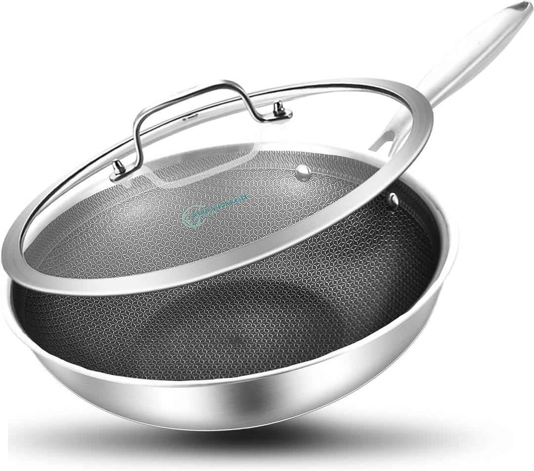 LOLYKITCH Hybrid 10 Inch Tri-Ply Stainless Steel Wok Pan with Lid,Ceramic Non Stick Stir Fry Pan,Induction Cooking Pan,Dishwasher and Oven Safe,Riveted Handle