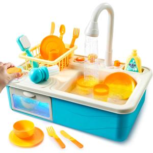 Color Changing Play Sink Kitchen Toys - Pretend and Play Toddler Toy with Running Water, Electric Dishwasher and Chopping Sounds - Automatic Water Cycle System Birthday Gift for Girls Boys