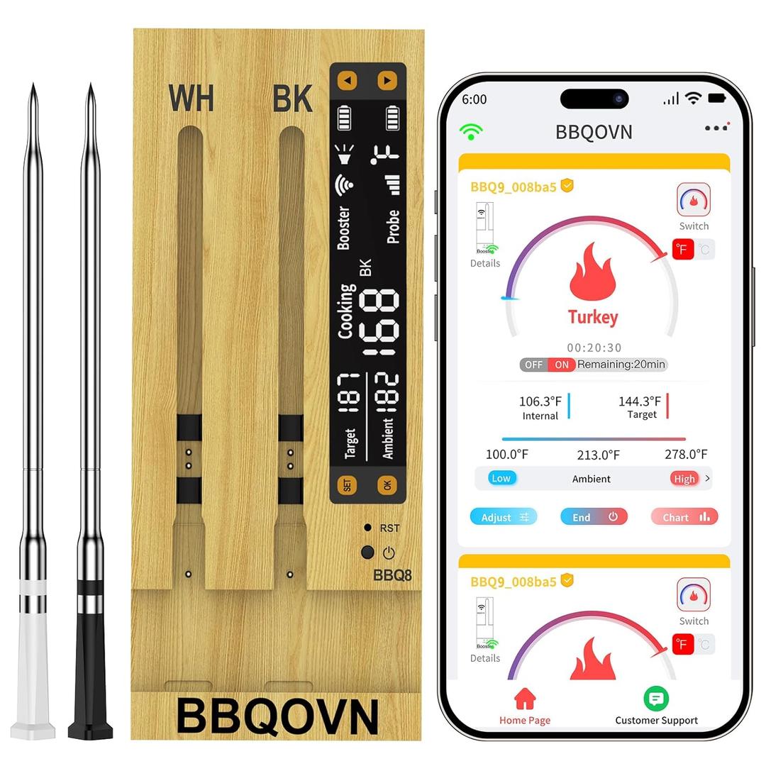 BBQOVN Wifi Sub-1G Wireless Meat Thermometer Unlimited Range 7 NIST Certified Sensors With Ambient Temp 2 Temp Monitoring Ways Digital Smart Base And App For BBQ, Smoker, Grill, Oven (2, Black, Small)