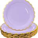 HEIPINIUYE 50 Pieces Lavender Paper Plates with Gold Foil 7 Inch Disposable Light Purple Scalloped Dinner Plates for Wedding Baby Shower Birthday Party Dessert Plate