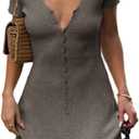Women Sexy Deep V Neck Button Front Knit Mini Dress Elegant Short Sleeve Ribbed Flowy Hem A-Line Short Dress M