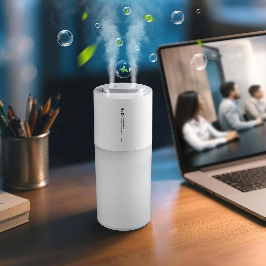 Portable Mini Humidifier for Desk - 400ml Dual-spray Rechargeable Personal Desktop Humidifiers for Office Car Travel Plants Bedroom Baby, Auto Shut-Off, 2 Mist Modes, Super Quiet, White