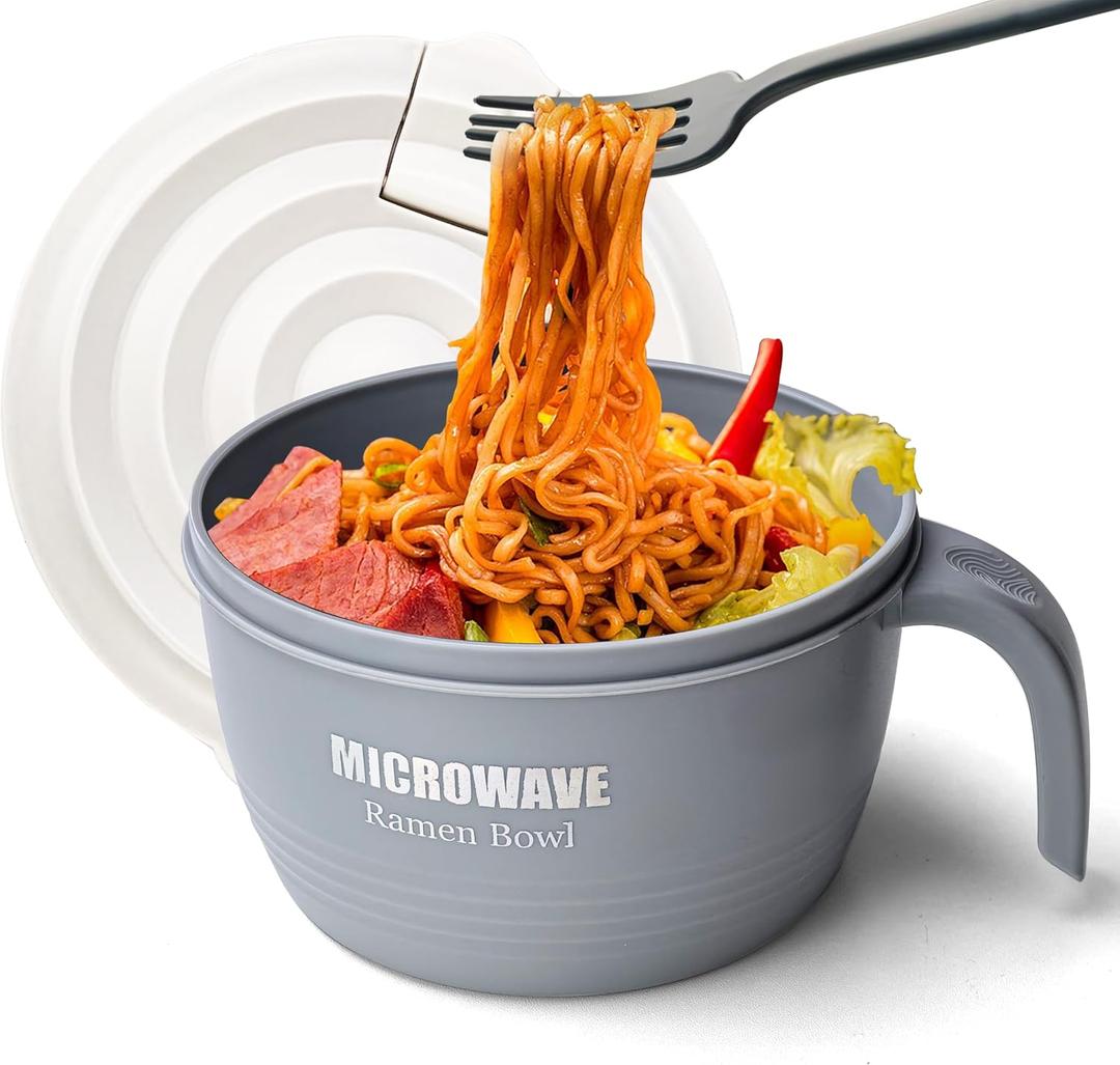 Layron Ramen Cooker Bowl - 45 oz Microwaveable Noodle Bowl Ramen in few Minutes- BPA Free and Dishwasher Safe Set with Chopsticks Perfect for Dorm, Small Kitchen, or Officee (grey) (Gray)