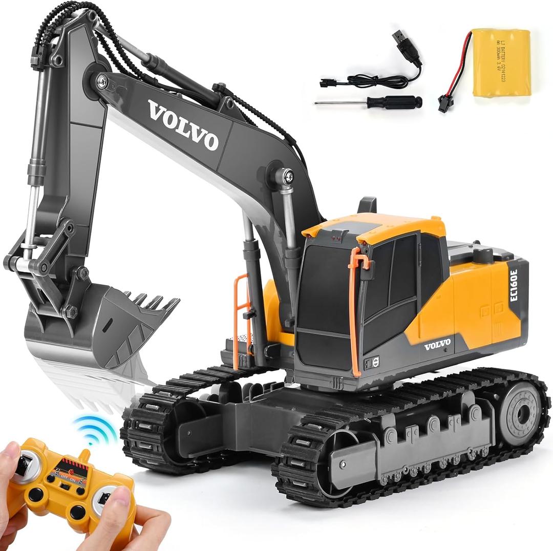 Double E Volvo Remote Control Excavator Toy, RC Construction Vehicles with 360 Spin & 330 Cab Rotation, Dig & Unload, 2.4GHz Anti-Interference for Multi-Player, Outdoor Sandbox Digger Gift for Kids