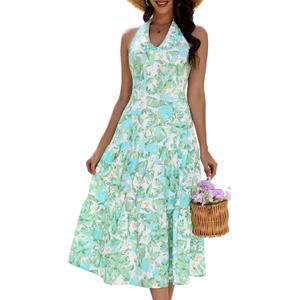 DRESSTELLS 2025 Women's Spring Dress Boho Halterneck Sleeveless Summer Floral Print Flowy A Line Maxi Dress for Beach Party Wedding Green, Size L