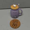 Cute Cat Cup Ceramic Coffee Mug with Kawaii Cat Wooden Lid, Lovely Stainless Steel Spoon, Anime Kitty Thicken Wooden Coaster, Christmas Birthday Cute Thing Japanese Mug 16oz (Purple)