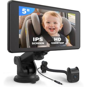 Baby Car Camera Monitor | 5" 1080P IPS Suction Cup Screen - 360 Rotation IR Night Vision 3X Zoom - USB Powered Headrest Mount for Baby Car Cam