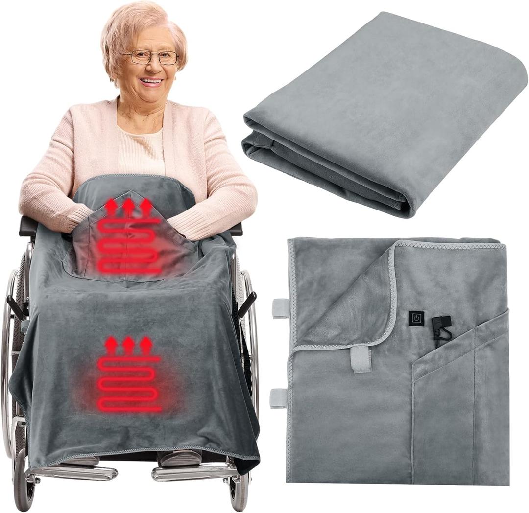 12v Heated Flannel Wheelchair Blanket, Gray Portable Heated Throw for Elderly 2 Heating Zones, Camping Essentials, Elderly Gift 35.43 x 41.73 inches
