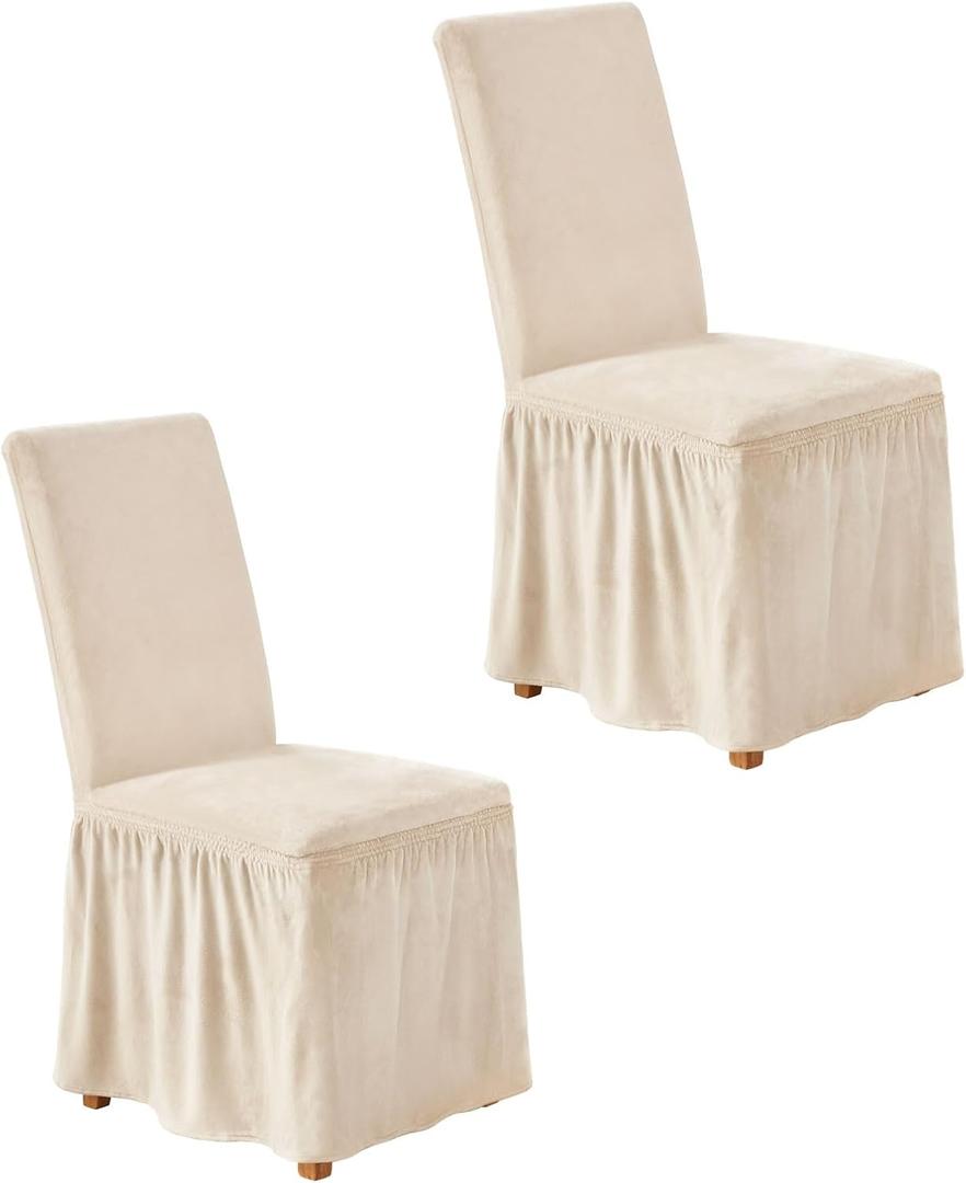 NICEEC Spandex Chair Covers for Dining Chairs Covers Set of 2 Removable Dining Room Chair Covers with Skirt Parson Chair Slipcovers Washable Chair Protector for Kitchen Wedding Party Banquet(Beige)