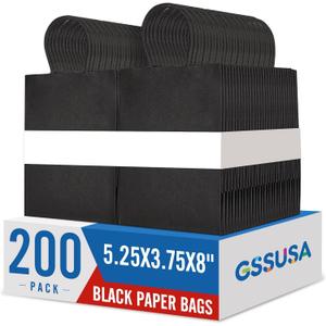 GSSUSA 200 Pack Black Paper Gift Bags 5.25x3.75x8'', Black Kraft Bags with Handles Bulk for Shopping, Craft, Grocery, Party, Retail, Lunch, Business, Wedding, Merchandise, Boutique