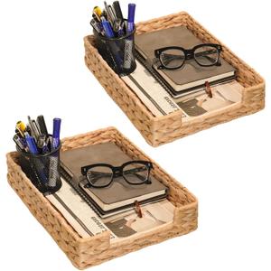 Set of 2 Water Hyacinth Letter Tray for A4 File Desk Mail Letter-Size Paper, Basket Woven Organizer, Magazine Files Storage, Office Document Organizer and Storage