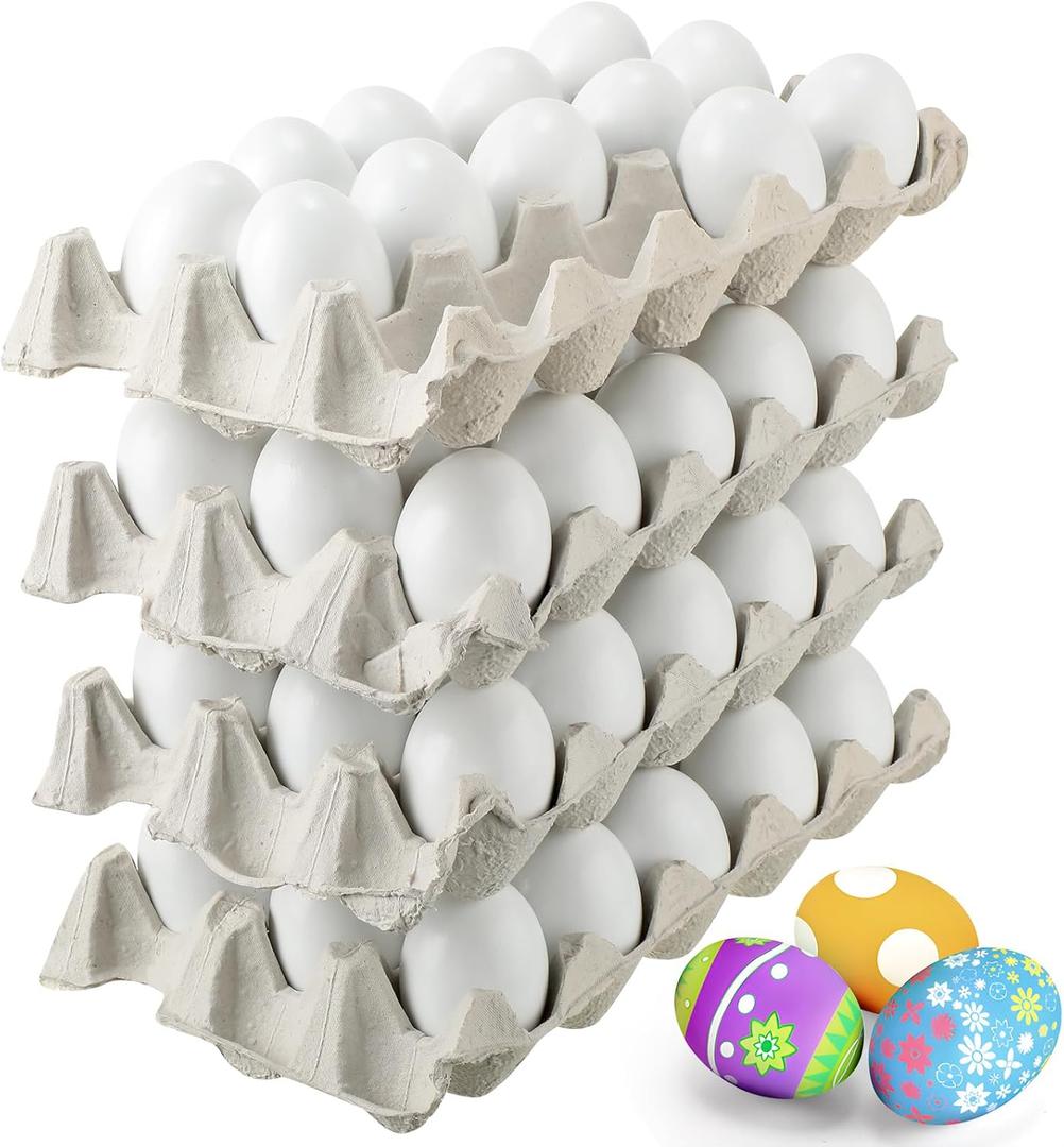 60 Pcs Unpainted Wooden Eggs, Sturdy Easter Eggs with Blank Natural Pulp Egg Cartons, Fake Eggs for Easter Egg Decorating, DIY Game, Kitchen Craft Adornment (White)