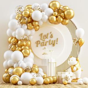 NISOCY White and Gold Balloons Garland Kit, 120PCS White Metallic Gold Confetti Balloon Arch Kit for Birthday Wedding Engagements Graduation Baby Bridal Shower Anniversary Party Decorations
