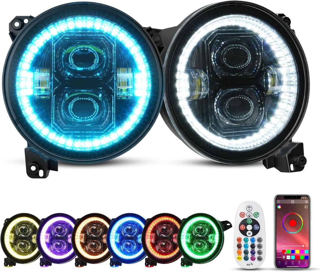SUPAREE 9" LED Headlights Multicolor DRL fit Jeep Wrangler JL Gladiator JT | 2018-2026 Angel Eyes Ring DOT Hi/Lo Beam Remote Phone APP Control