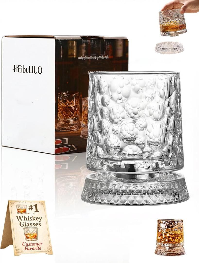 Spinning Whiskey Glassees 360 Degree Rotating Crystal Tumbler with Stable Decoupled Base Kinetic Old Fashioned Barware Unique Birthday Gift for Men Dad Stress Relief Dazzling Light and Shadow