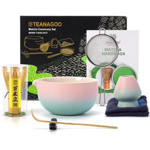 TEANAGOO Matcha Whisk Set Pink,Ceremony Matcha Set Kit Grident Pink,Matcha Tea Set for Making Breakfast/Latte,7 Pcs Matcha Whisk Set and Bowl with All Accessories,Gift for Family/Friend (Pink Green Gradient 1)