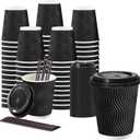 Lamosi 10 oz Disposable Coffee Cups with Lids, 50 Pack Insulated Hot Cups To Go Paper Coffee Cups with Lids and Straws, Corrugated Ripple Wall Cup for Hot Drink, Office, Coffee Bar (Black)