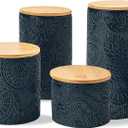 American Atelier Embossed Canister 4-Piece Ceramic Set Jar Container with Wooden Lids for Cookies, Candy, Coffee, Flour, Sugar, Rice, Pasta, Cereal & More