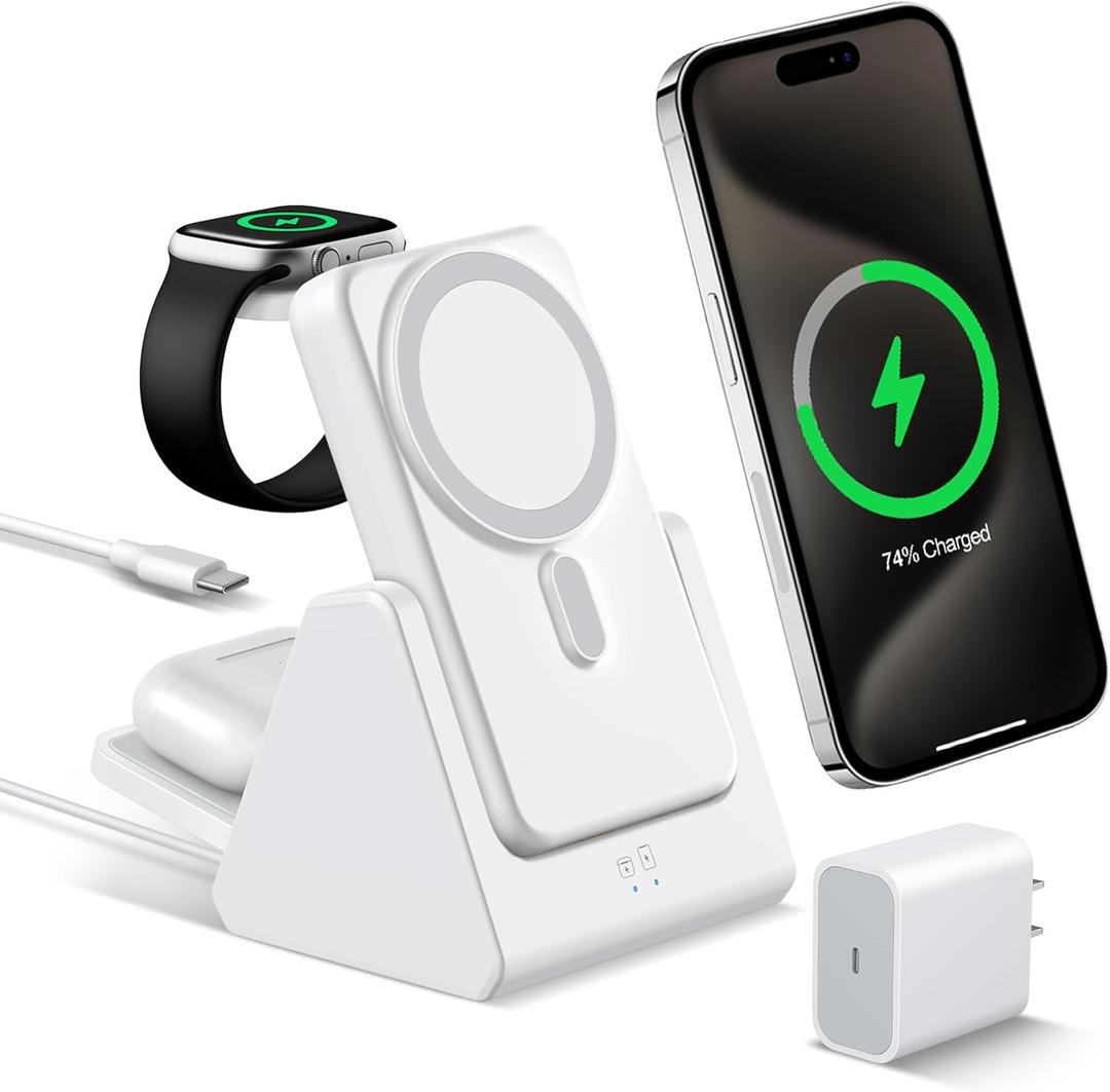 3-in-1 Wireless Charging Station: Portable 10000mAh Power Bank Charger Compatible for Phone Air/17/16/15/14/13/12 Series and Watch - Detachable Magnetic Charging Stand White