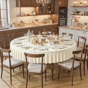 PARTISKY 1 Pack Ivory Round Spandex Tablecloths for 72 inch Table, Wrinkle Free 6FT Round Table Cloths Stretchy Fitted Table Cover with Skirt for Wedding Birthday Graduation Party Banquet