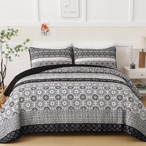 WONGS BEDDING Boho Quilt Set Full Size,Black Bohemian Striped Patchwork Bedspread Set,3 Pieces Microfiber Bedding Set for All Seasons (78"x90")