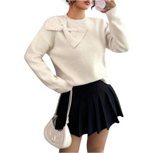 SOLY HUX Women's Sequin Bow Sweater Long Sleeve Tops Elegant Loose Pullovers Aesthetic Clothes (Size M)