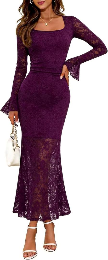 Elegant Women's 2025 Bell Long Sleeve Lace Maxi Dress Sexy Square Neck Fall Bodycon Mesh Wedding Guest Cocktail (Purple), Small