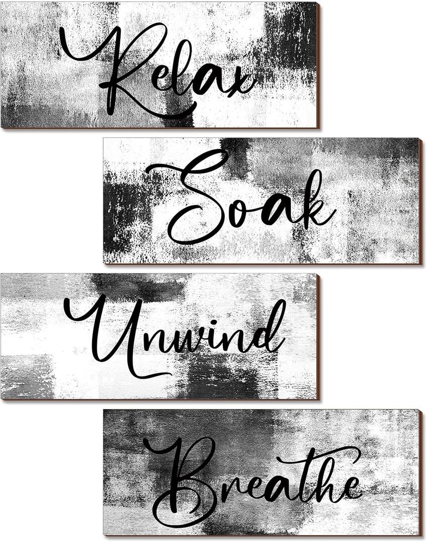 Maitys 4 Pcs Bathroom Wall Decor 10 x 4 Inch Bathroom Wall Art Contemporary Wood Restroom Pictures for Soak Unwind Relax Hanging Sign Spa Rustic Vintage Farmhouse Pediments(Black and White)