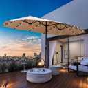 15ft Double Sided Patio Umbrella with Solar Lights, Outdoor Large Umbrellas with Crank Handle and 36 LED Lights, Rectangular Market Umbrella with Base Included for Deck Pool Shade (With Base)