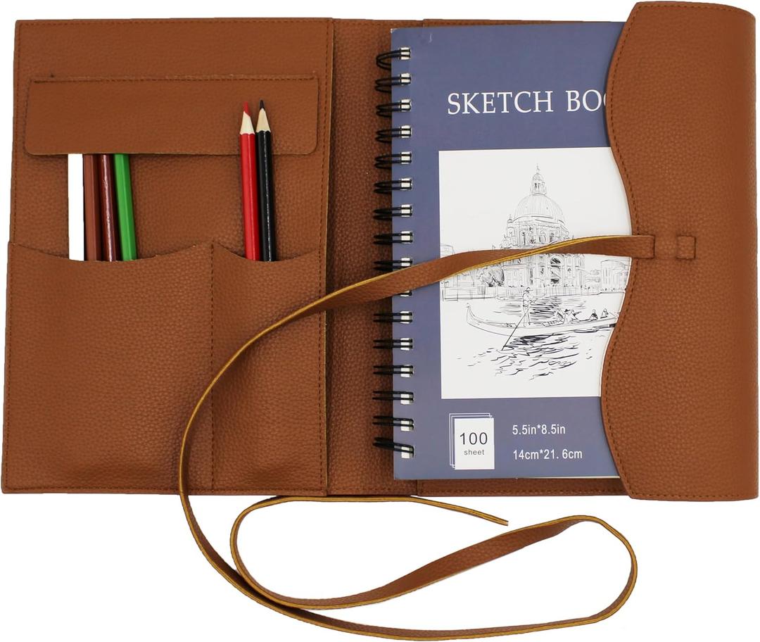 Drawing Book Cover Sketchbook Cover with Pencils Leather Artist Bag Artist Gifts Leather Art Book Cover for Sketchbook Journal Notebook (S for 5.5"x 8.5")