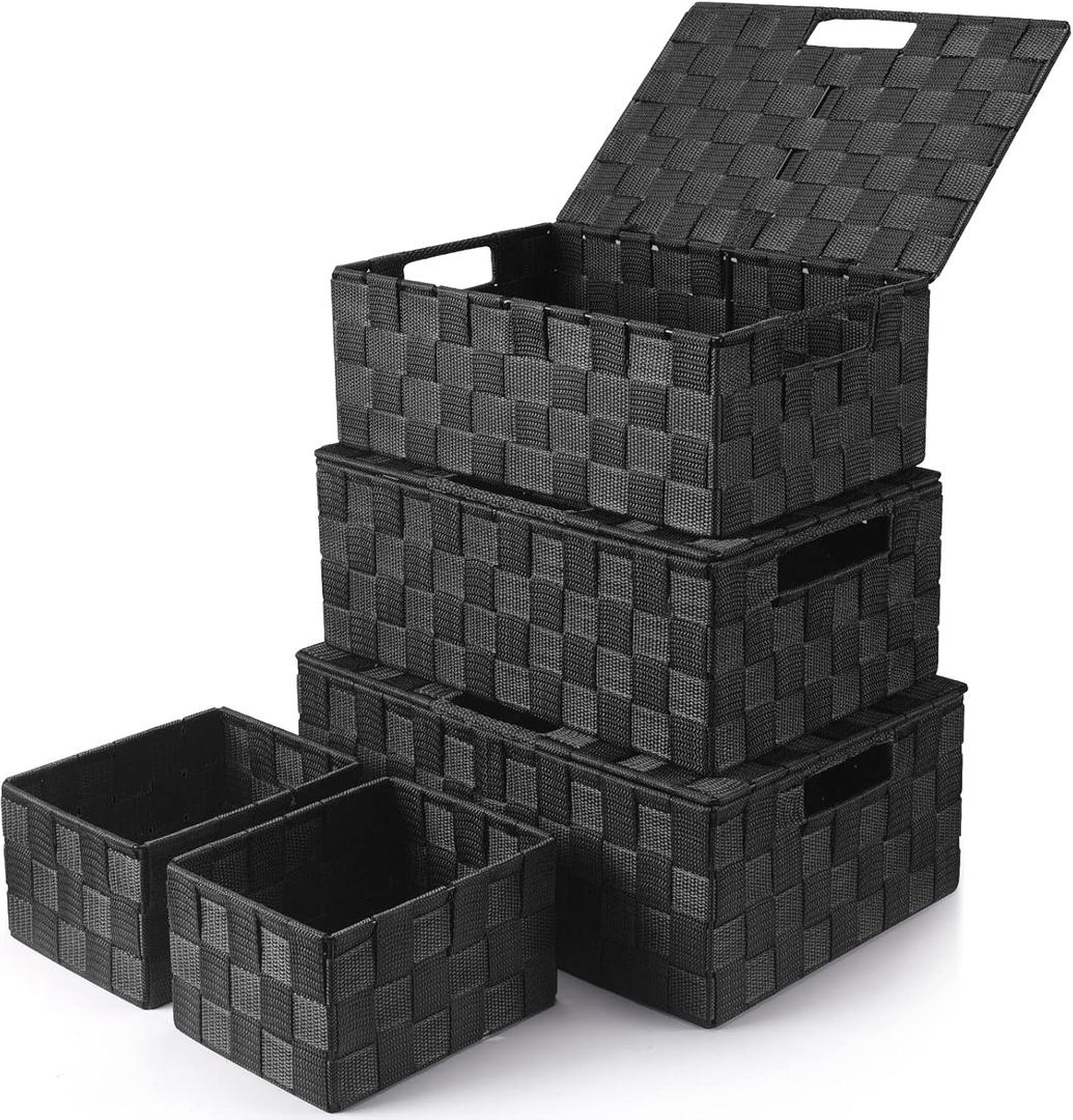 Storage Bins Baskets for Organizing with Lids, Storage Baskets for Shelves Stackable Woven Basket, Gift Small Basket Storage Cubes, Decorative Wicker Basket with Built-in Handles (5 Pack, Black)
