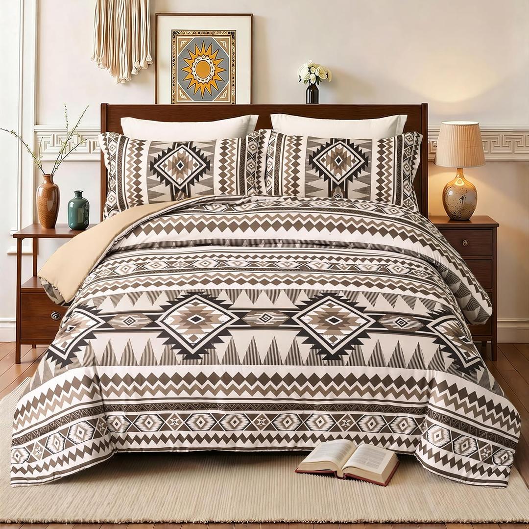 Tyrot Brown King Size Comforter Set 3 Piece Boho Aztec Western Bedding Sets, Soft Lightweight Comforter for All Seasons, Southwestern Style, 1 Comforter & 2 Pillow Shams