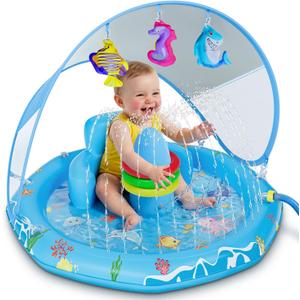 Verdenu Baby Splash Pad, Baby Pool Float with Canopy, Splash Pad with Backrest & Stackable Rings for Toddlers, Summer Outdoor Water Play Toys for Boys Girls