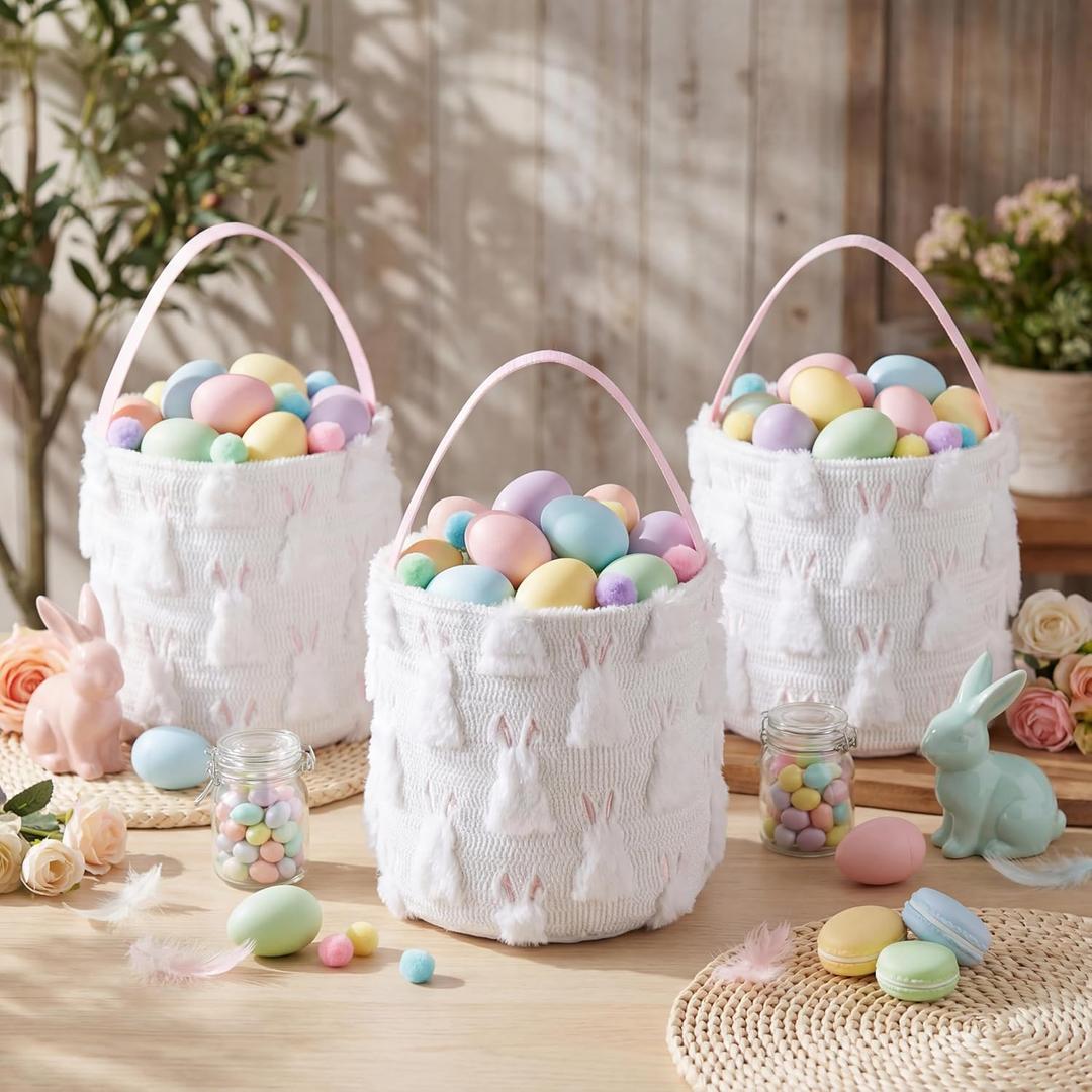 3 Pcs Bunny Easter Basket with Handle Jacquard Design Soft Faux Fur Rabbit Gift Treat Basket Foldable Plush Rabbit Bag for Easter Egg Hunt Party Supplies Decorations Supplies