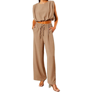 Dokotoo Two Piece Outfits for Women Resort Wear 2024 Sexy Summer Holiday Solid Comfy Sleeveless Crop Tops and Elegant Drawstring High Waisted Long Pants with Pockets Jumpsuits Khaki Small