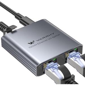 WARRKY Ethernet Splitter 1 to 2, 1000Mbps High Speed LAN Splitter, [0.55inch Ultra Slim, Integrally Molded Aluminum Case] Gigabit Ethernet Switch 2 port with USB-C Power Cable, for Cat5/5e/6/7/8 Cable