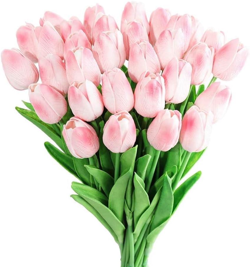 20pcs Pink Faux Tulips Flowers Fake Flowers Bouquets 13.5" Mother's Day Easter ValentineS Day Gifts in Home Kitchen Wedding Dining Table Decorations Aesthetic No Odor
