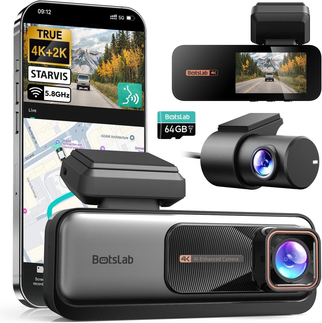 BOTSLAB 4K+2K Dual Dash Cam Front and Rear, Dashcam with Voice Control, STARVIS, ADAS Driver Alerts, Starry Night Vision, 24/7 Parking Monitor, 5.8GHz WiFi & GPS, Free 64GB Card, Loop Recording