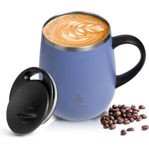 Ideus 16 oz Insulated Coffee Mug with Handle and Lid, Double Wall Stainless Steel Vacuum Thermal Coffee Mug, Travel Coffee Cup Thermal Cup for Home and Office, Ocean Blue