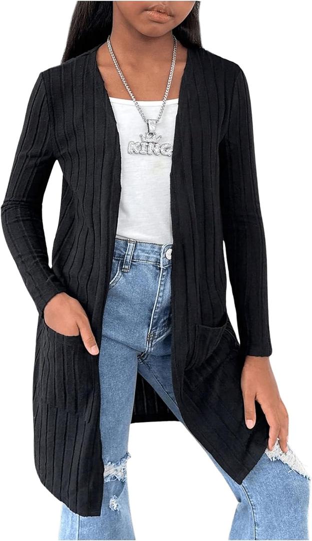 SHENHE Girl's Open Front Casual Cardigan Soft Knit Long Cardigan Sweater with Pockets Black, Size: 11 Years