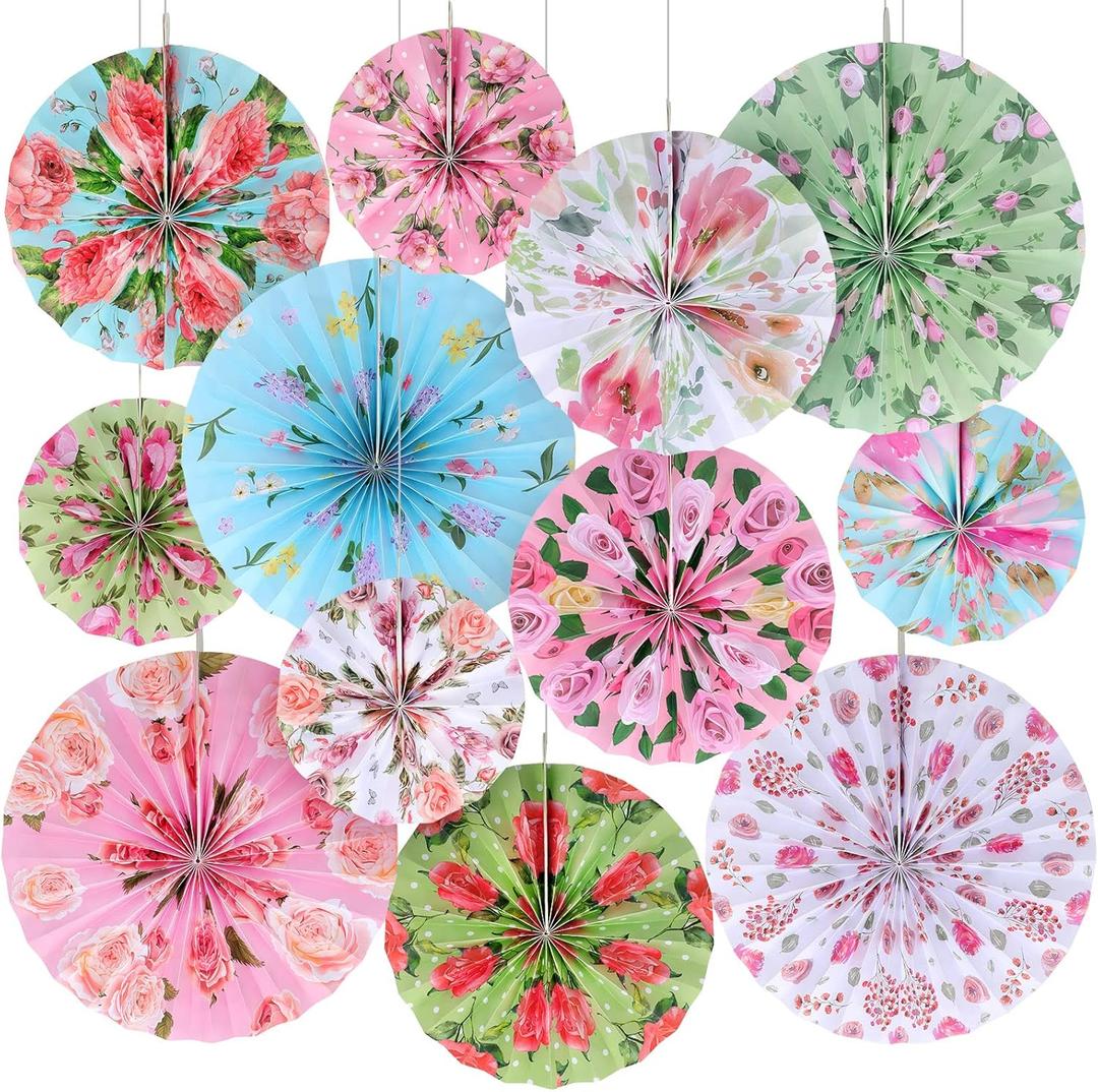 Thenshop 12 Pcs Tea Party Decorations Floral Party Hanging Paper Fans Wedding Paper Fans Decorations 3 Sizes Vintage Tea Bridal Shower Birthday Ceiling Decor