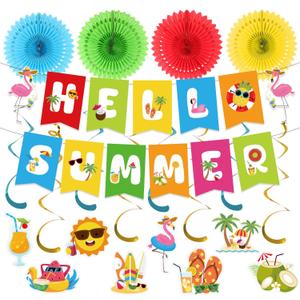 Summer Party Decorations, Hello Summer Banner Beach Pool Party Decorations with Hanging Swirls and Paper Fans for Home, Office, School, Classroom