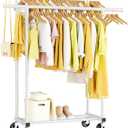 HYSEYY Double Rods Clothes Rack, Rolling Clothing Rack for Hanging Clothes Portable Wardrobe Rack, Metal Garment Rack Sturdy Coat Rack for Bedroom Laundry Living Room, White (16.5"D x 44.3"W x 63"H)