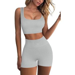 QINSEN Workout Sets for Women 2 Piece Seamless Ribbed Crop Tank High Waist Shorts Yoga Outfits (Small, Light Blue)